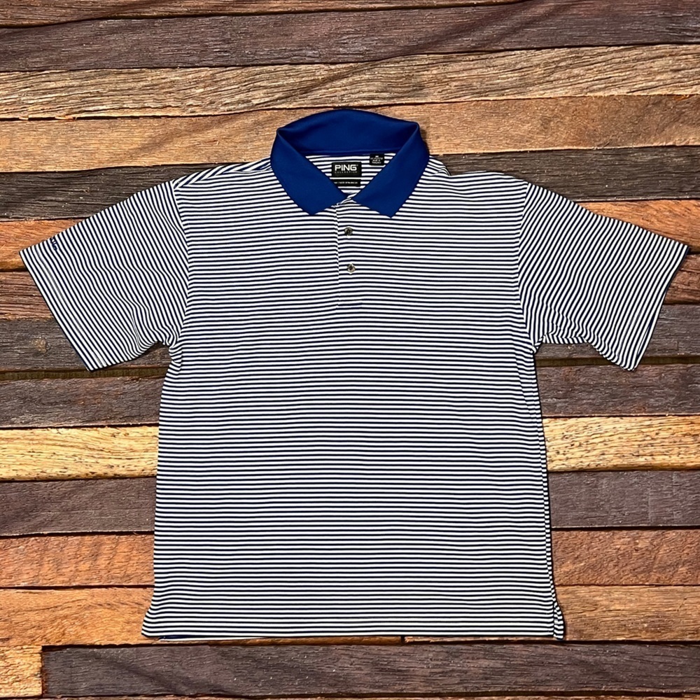Mens Ping Golf Polo Blue and White Striped Preppy Country Club Shirt